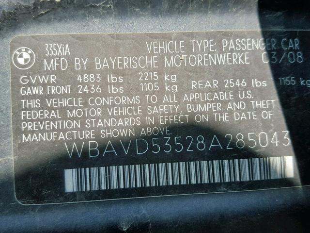 WBAVD53528A285043 - 2008 BMW 335 XI GRAY photo 10