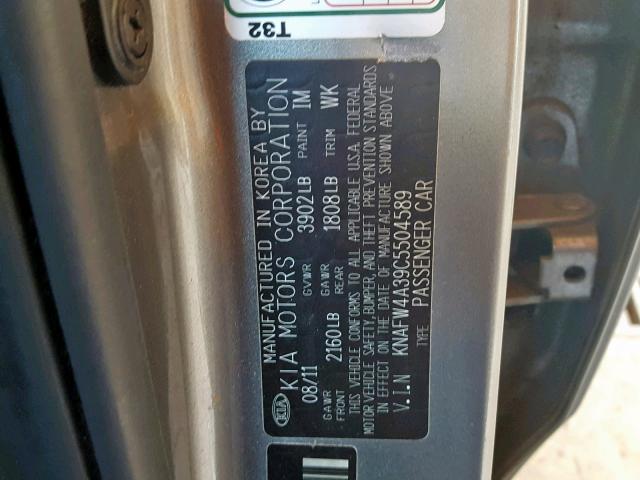 KNAFW4A39C5504589 - 2012 KIA FORTE SX GRAY photo 10