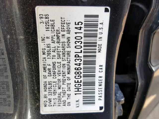 1HGEG8643PL030145 - 1993 HONDA CIVIC DX BLACK photo 10