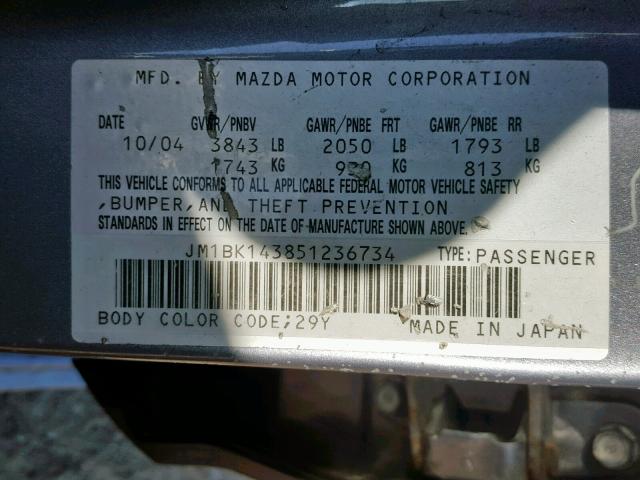 JM1BK143851236734 - 2005 MAZDA 3 HATCHBAC GRAY photo 10