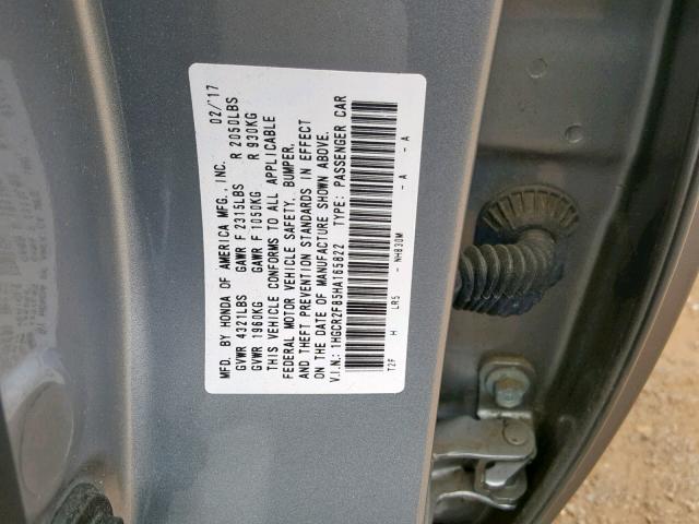 1HGCR2F85HA165822 - 2017 HONDA ACCORD EXL SILVER photo 10