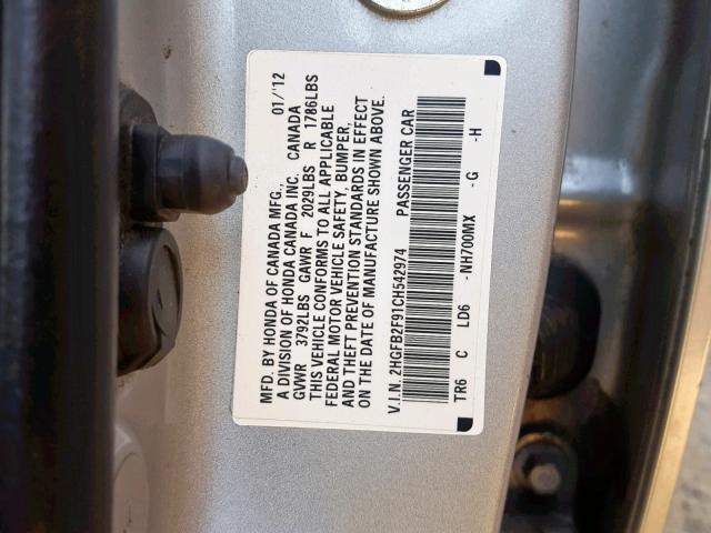 2HGFB2F91CH542974 - 2012 HONDA CIVIC EXL SILVER photo 10