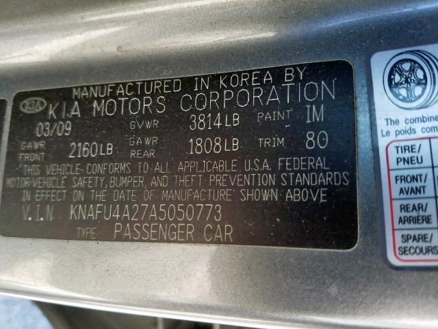 KNAFU4A27A5050773 - 2010 KIA FORTE EX GRAY photo 10