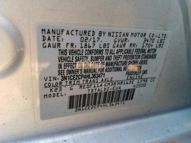 3N1CE2CP4HL363471 - 2017 NISSAN VERSA NOTE SILVER photo 10