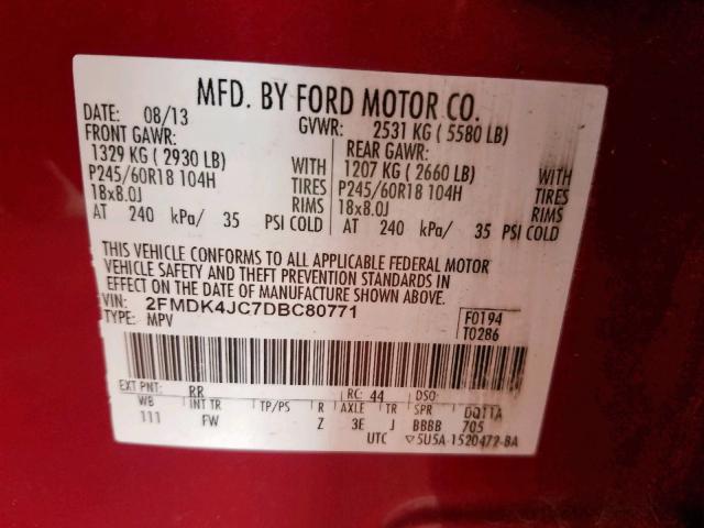 2FMDK4JC7DBC80771 - 2013 FORD EDGE SEL RED photo 10