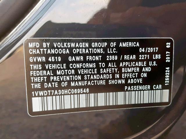 1VWDT7A30HC069546 - 2017 VOLKSWAGEN PASSAT R-L GRAY photo 10