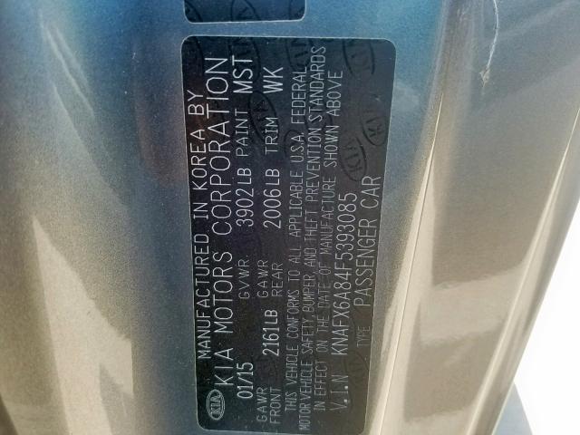 KNAFX6A84F5393085 - 2015 KIA FORTE EX GRAY photo 10