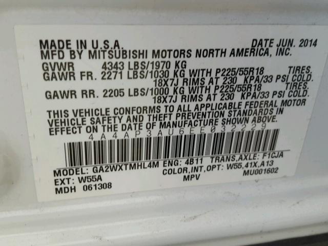 4A4AP3AU6EE032229 - 2014 MITSUBISHI OUTLANDER WHITE photo 10