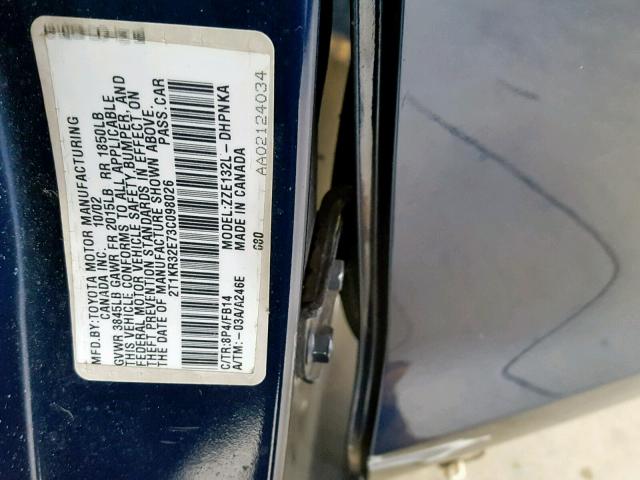 2T1KR32E73C098026 - 2003 TOYOTA MATRIX BLUE photo 10