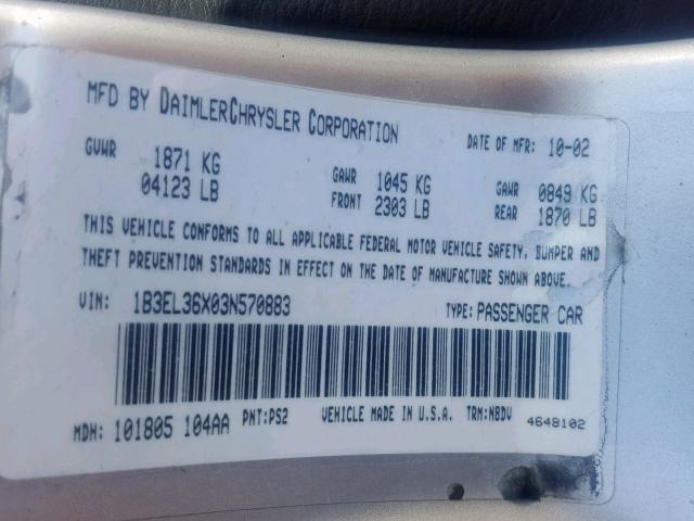 1B3EL36X03N570883 - 2003 DODGE STRATUS SE SILVER photo 10