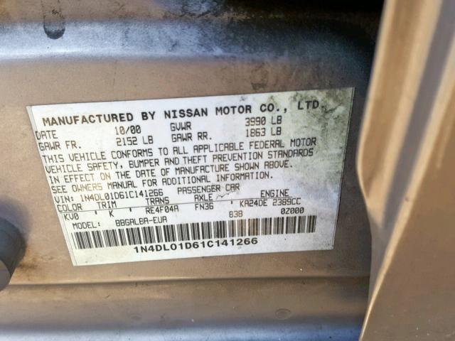 1N4DL01D61C141266 - 2001 NISSAN ALTIMA XE SILVER photo 10