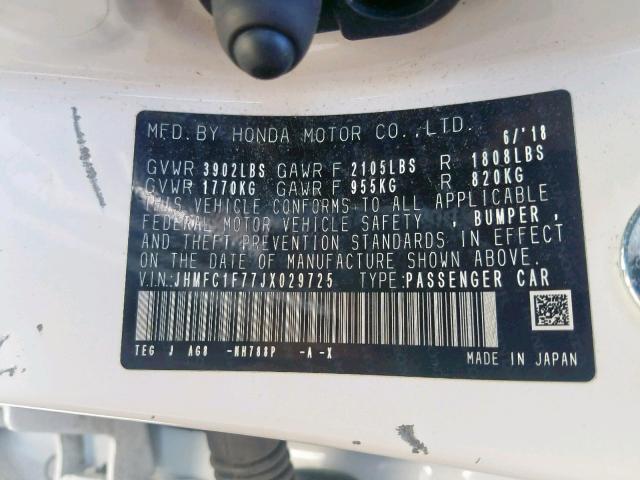 JHMFC1F77JX029725 - 2018 HONDA CIVIC EXL 白色 照片 10
