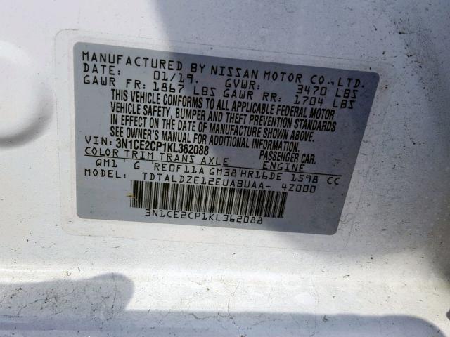 3N1CE2CP1KL362088 - 2019 NISSAN VERSA NOTE WHITE photo 10