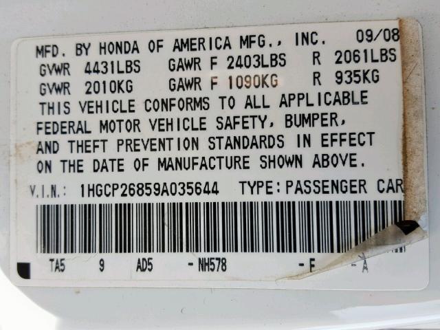 1HGCP26859A035644 - 2009 HONDA ACCORD EXL WHITE photo 10