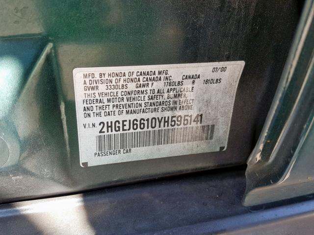 2HGEJ6610YH595141 - 2000 HONDA CIVIC BASE GREEN photo 10