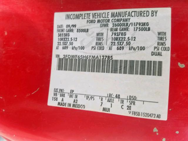 3FDWF65H6YMA13785 - 2000 FORD F650 SUPER RED photo 10