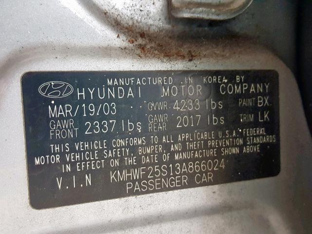 KMHWF25S13A866024 - 2003 HYUNDAI SONATA GL SILVER photo 10