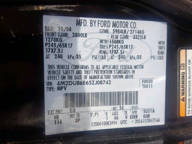 4M2DU86E65ZJ08742 - 2005 MERCURY MOUNTAINEE BLACK photo 10