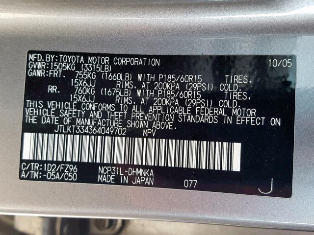 JTLKT334364049702 - 2006 TOYOTA SCION XB ვერცხლისფერი ფოტო 10