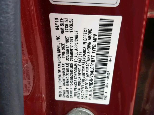 5J6RE4H75AL061677 - 2010 HONDA CR-V EXL MAROON photo 10