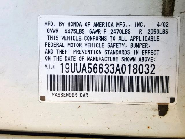 19UUA56633A018032 - 2003 ACURA 3.2TL WHITE photo 10