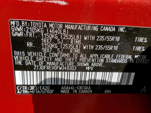 2T3DFREV0FW349303 - 2015 TOYOTA RAV4 LIMIT RED photo 10