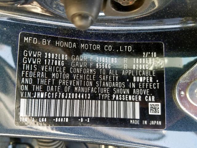 JHMFC1F76JX004413 - 2018 HONDA CIVIC EXL Grafit foto 10