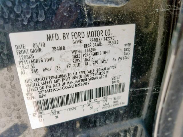 2FMDK3JC0ABB58257 - 2010 FORD EDGE SEL BLACK photo 10