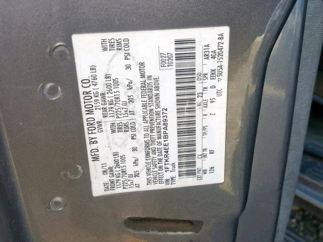 1FTKR4EE1BPA89372 - 2011 FORD RANGER SUP GRAY photo 10