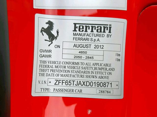 ZFF65TJAXD0190871 - 2013 FERRARI CALIFORNIA RED photo 10