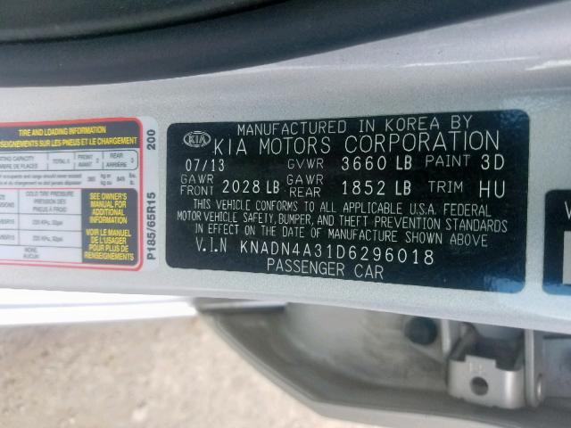 KNADN4A31D6296018 - 2013 KIA RIO EX SILVER photo 10