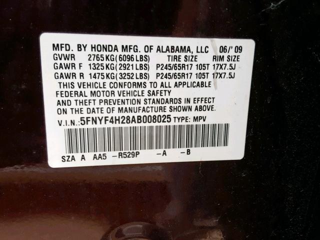 5FNYF4H28AB008025 - 2010 HONDA PILOT LX MAROON photo 10