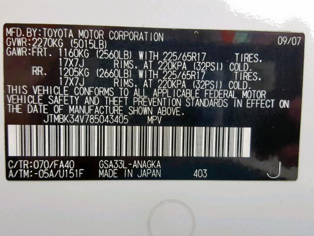 JTMBK34V785043405 - 2008 TOYOTA RAV4 LIMIT WHITE photo 10