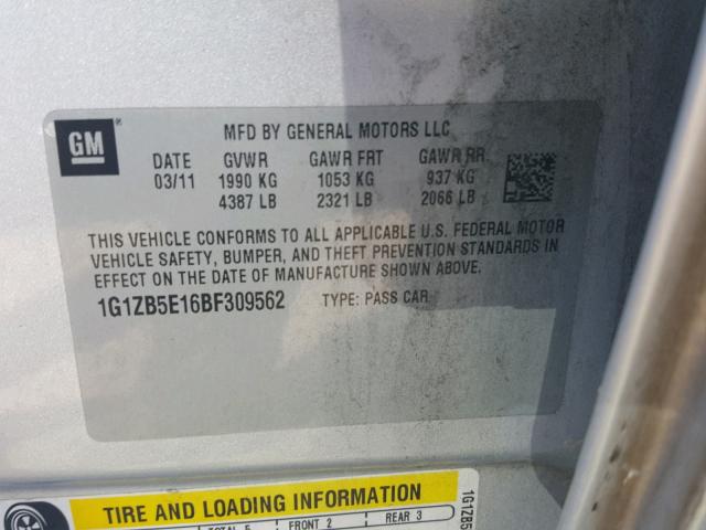 1G1ZB5E16BF309562 - 2011 CHEVROLET MALIBU LS SILVER photo 10