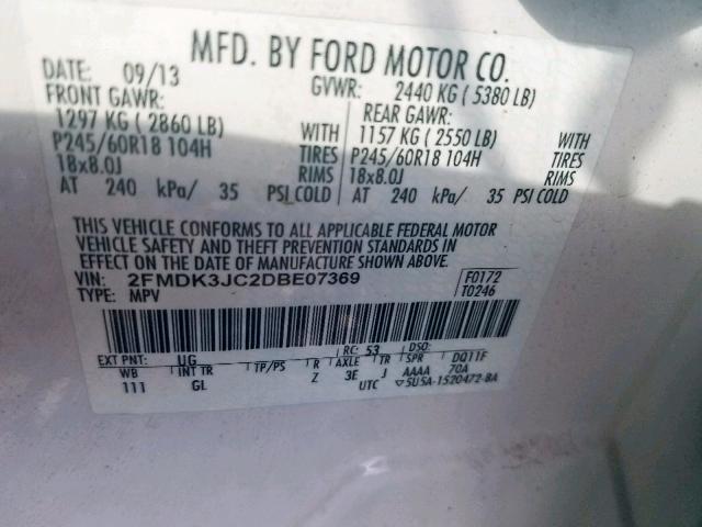 2FMDK3JC2DBE07369 - 2013 FORD EDGE SEL WHITE photo 10