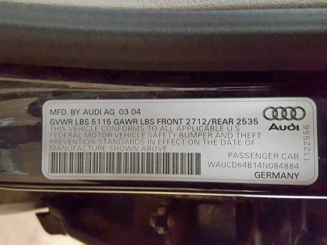 WAUCD64B14N084884 - 2004 AUDI A6 S-LINE BLUE photo 10