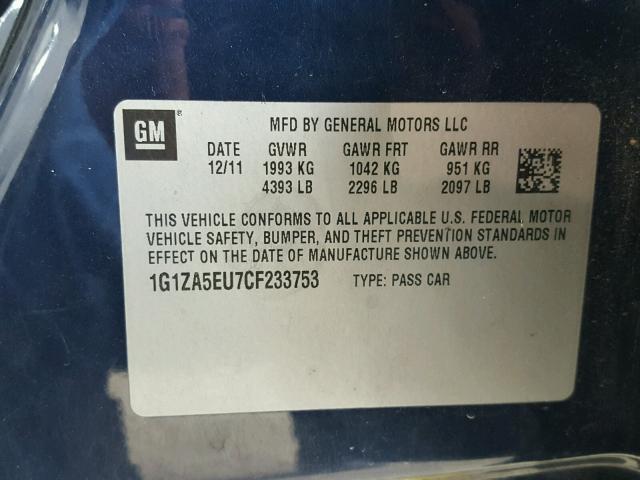 1G1ZA5EU7CF233753 - 2012 CHEVROLET MALIBU LS BLUE photo 10