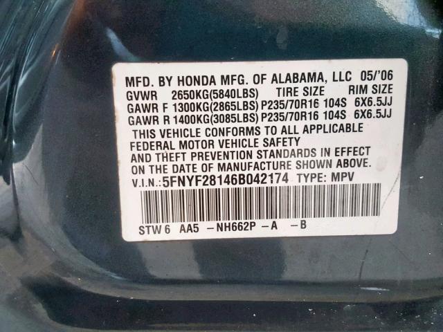 5FNYF28146B042174 - 2006 HONDA PILOT LX GREEN photo 10