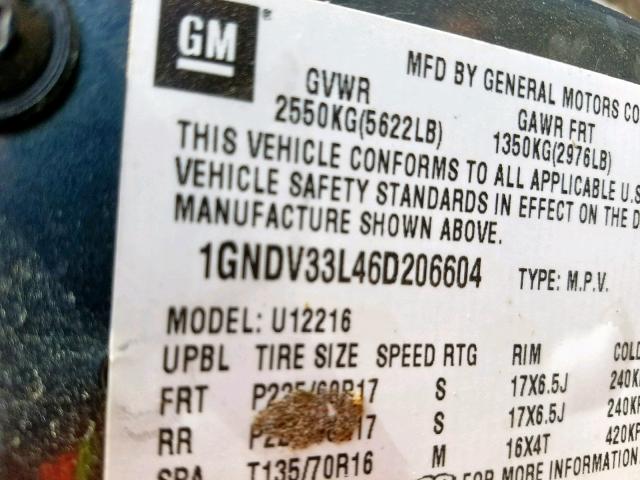 1GNDV33L46D206604 - 2006 CHEVROLET UPLANDER L 蓝色 照片 10