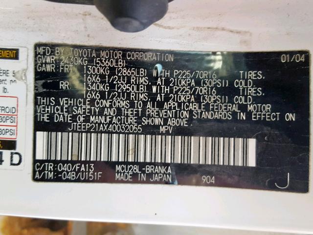 JTEEP21AX40032055 - 2004 TOYOTA HIGHLANDER WHITE photo 10