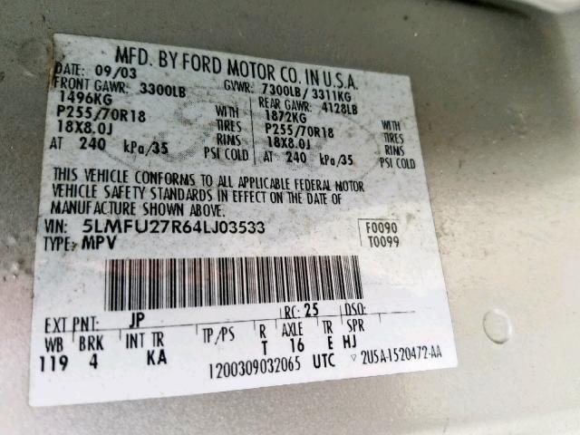 5LMFU27R64LJ03533 - 2004 LINCOLN NAVIGATOR ვერცხლისფერი ფოტო 10