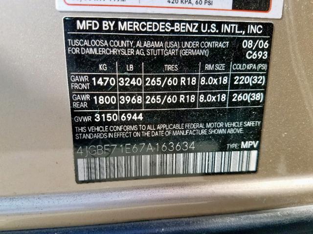 4JGBF71E67A163634 - 2007 MERCEDES-BENZ GL 450 4MA GOLD photo 10