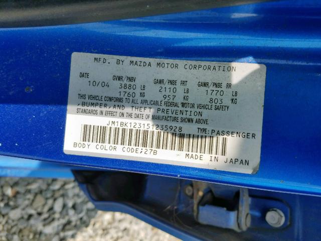 JM1BK123151235928 - 2005 MAZDA 3 S BLUE photo 10