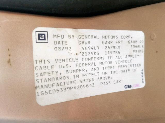 1G6CD53B9P4205642 - 1993 CADILLAC DEVILLE TAN photo 10