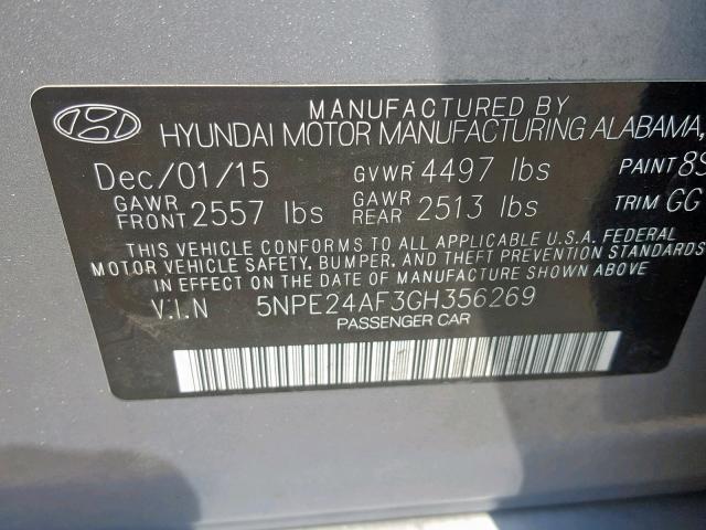 5NPE24AF3GH356269 - 2016 HYUNDAI SONATA SE BLUE photo 10