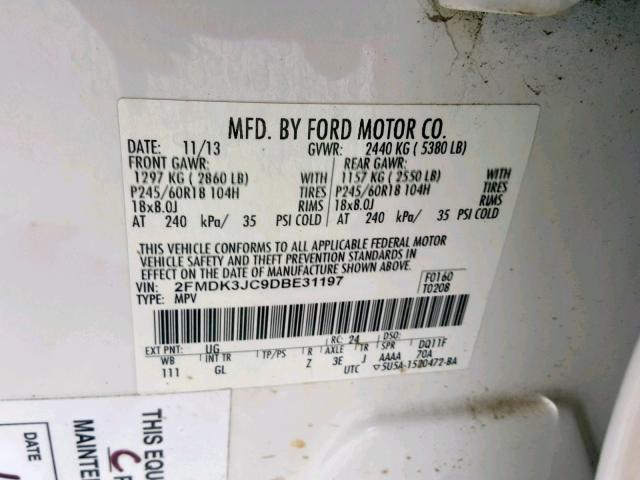 2FMDK3JC9DBE31197 - 2013 FORD EDGE SEL WHITE photo 10