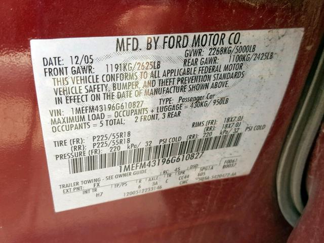 1MEFM43196G610827 - 2006 MERCURY MONTEGO PR ბურგუნდია ფოტო 10