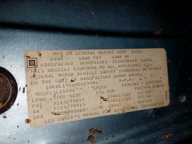 1GKEL19Z6MB525986 - 1991 GMC SAFARI XT BLUE photo 10