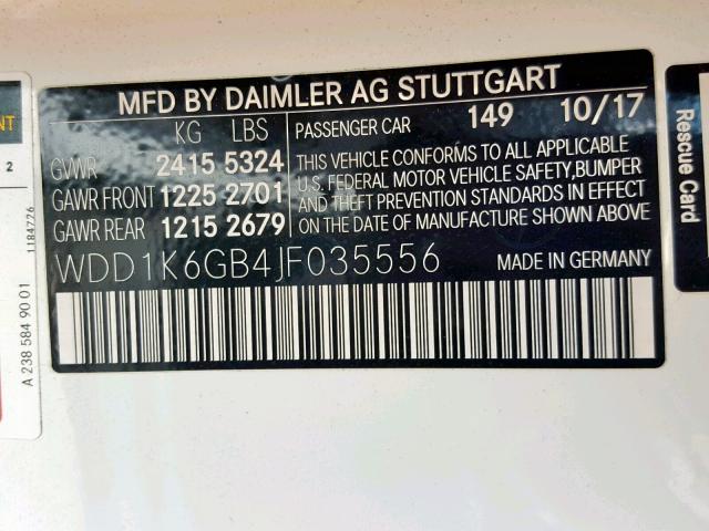 WDD1K6GB4JF035556 - 2018 MERCEDES-BENZ E 400 4MAT WHITE photo 10