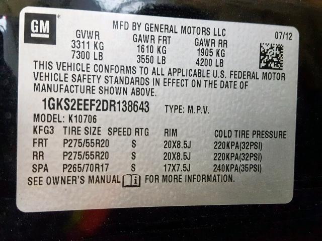 1GKS2EEF2DR138643 - 2013 GMC YUKON DENA BLACK photo 10